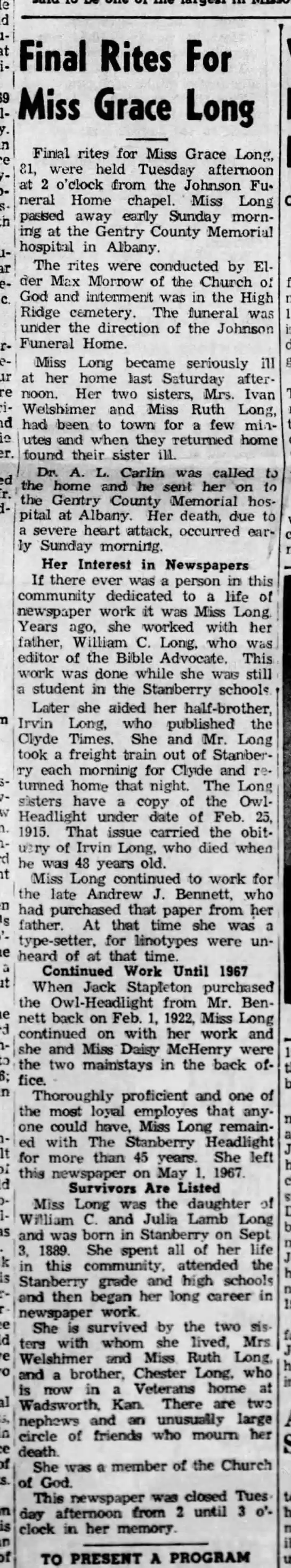 Grace Long obit Headlight Dec 10, 1970, page 1